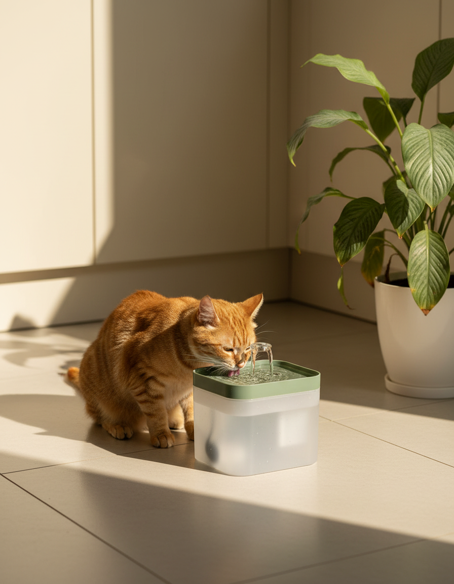 Tabby cat drinking from the FluffHero Flow Fountain in a bright kitchen