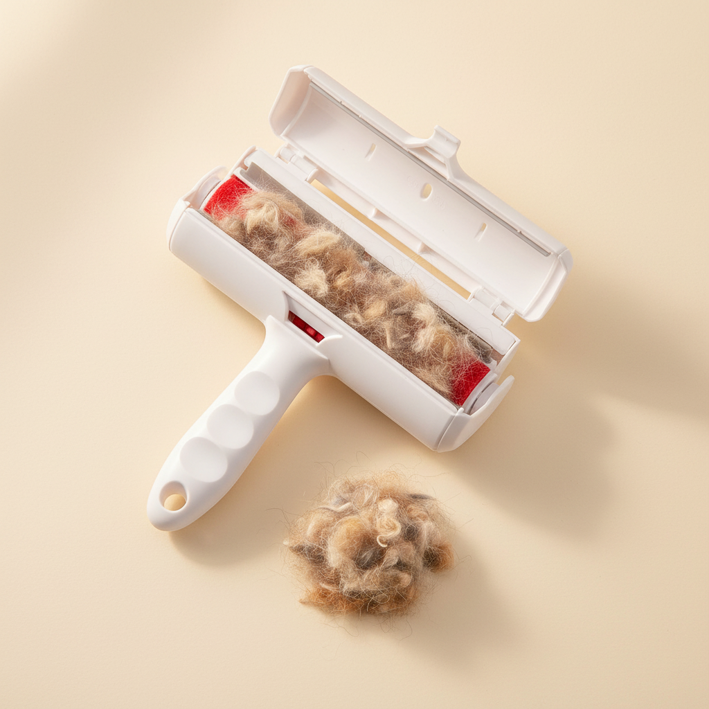 FluffHero Fur Roller chamber open showing collected fur