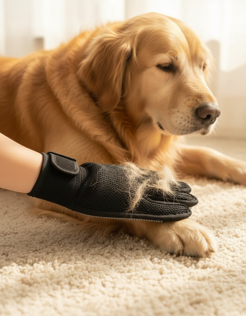 Grooming a golden retriever with the FluffHero Grooming Glove