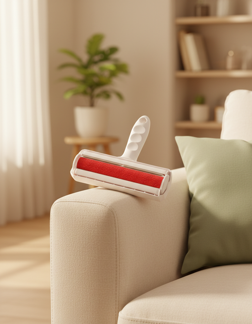 FluffHero Fur Roller on a cream sofa with sage pillow