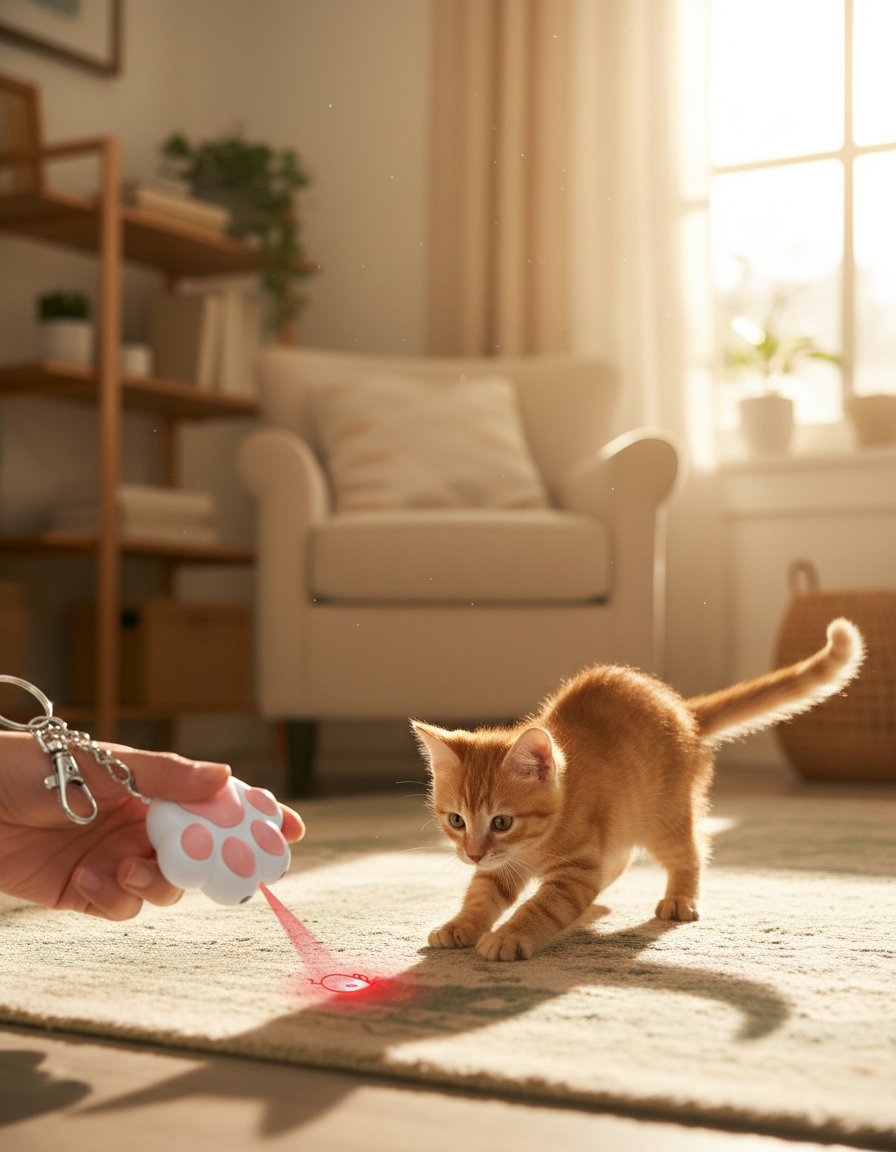 Hand pointing the FluffHero LaserPaw while a kitten chases the laser pattern on the rug