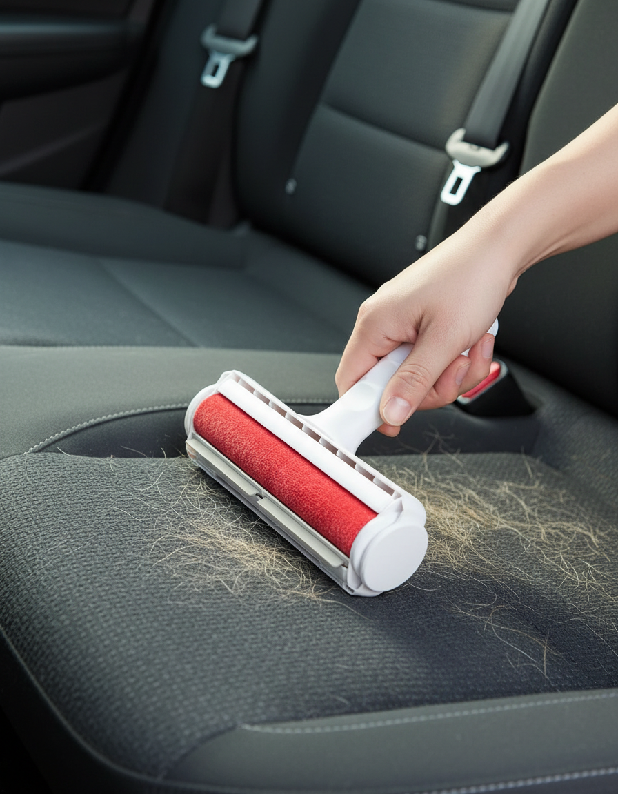 FluffHero Fur Roller cleaning dog hair from a car seat