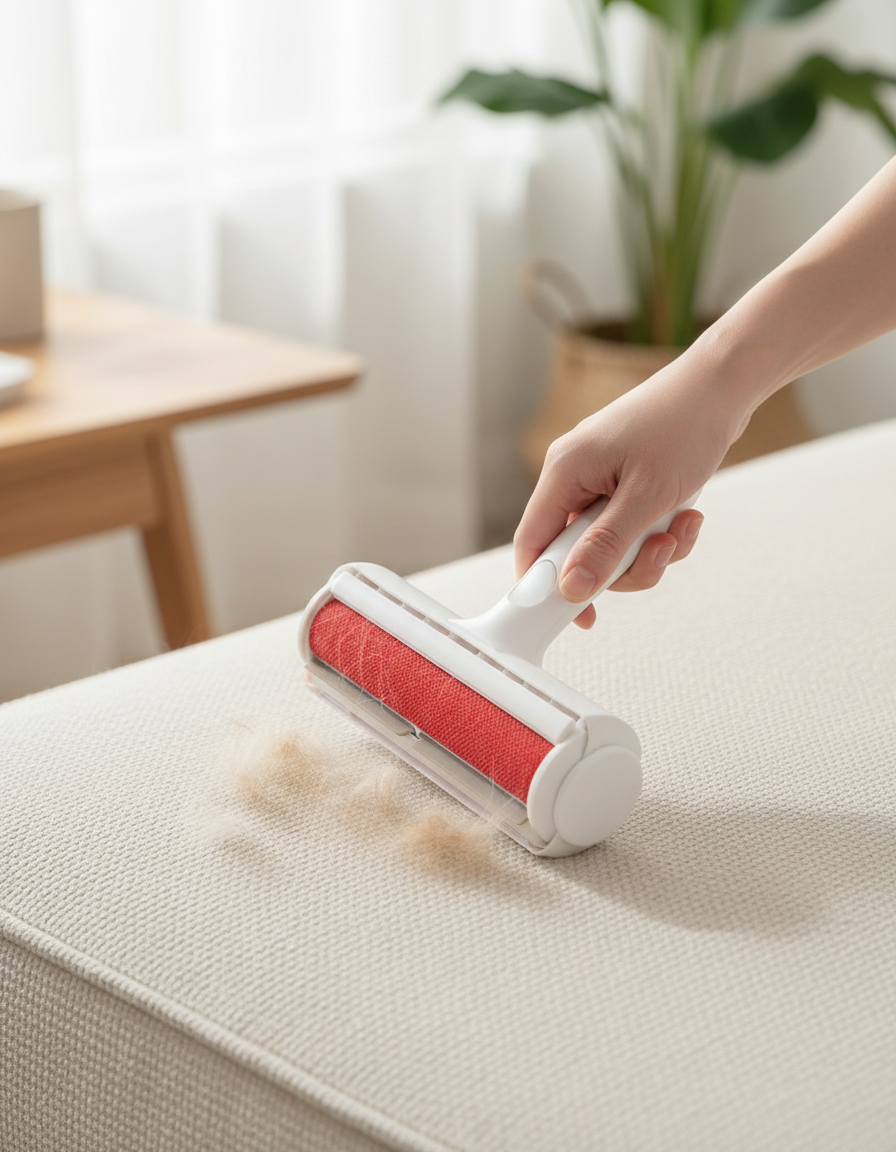 Hand rolling the FluffHero Fur Roller across a sofa cushion, lifting pet hair